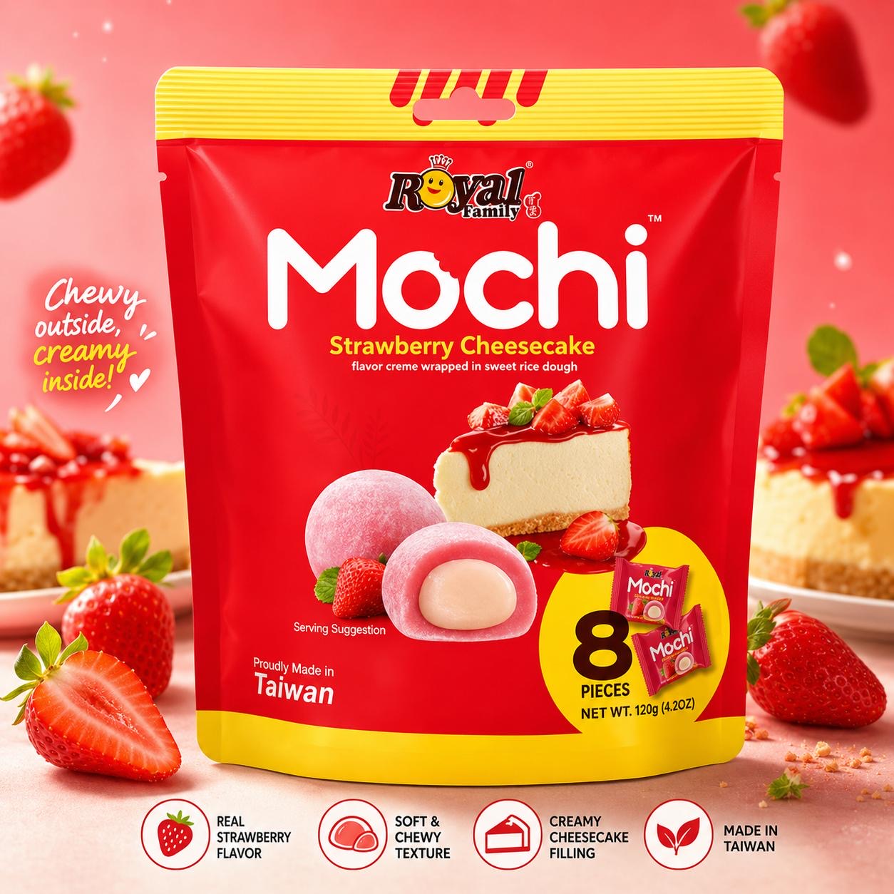 Royal Family Mochi 120g Selection (Taiwan) | Select Flavour | Snack Dessert - Strawberry Cheesecake 120g